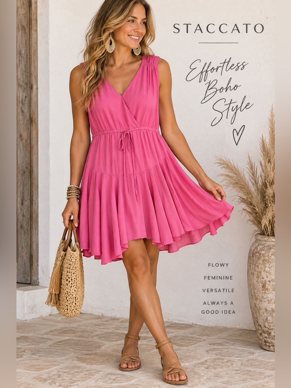 Staccato Boho Rayon Surplice V-Neck Tiered Drawstring Mini Dress size S